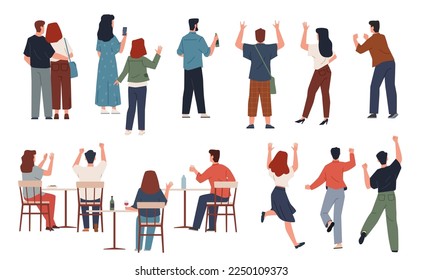 Cheering people back. Pozitive excited characters, rear view men and women, happy spectators and fans, standing and sitting, waving hands, different gestures, nowaday vector cartoon flat set