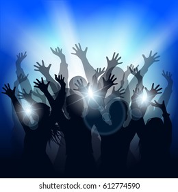 Cheering people dancing at the concert in front of bright stage lights. Party people. Festive background with silhouettes of people. Vector illustration