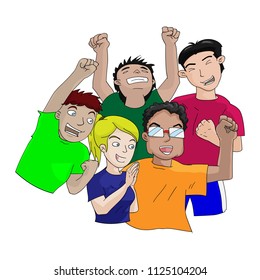 Cheering people. There are man and women in team. It's very fun and happy.There are happy when get victory.