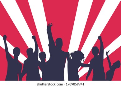 Cheering people vector concept: silhouette of cheering and jumping crowd over red retro background