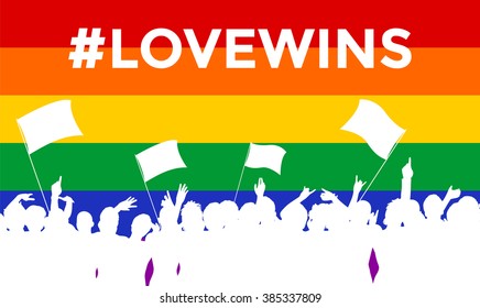Cheering or protesting LGBT people in front of a rainbow flag with hashtag lovewins. Crowd at an event against homophobia and transphobia.