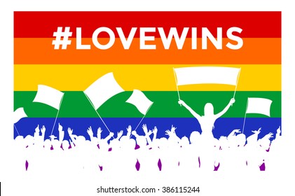 Cheering or protesting LGBT people in front of a rainbow flag with hashtag lovewins. Crowd at an event against homophobia and transphobia.