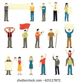 Cheering protesting people decorative icons set with men women flags scarf placards megaphone isolated vector illustration