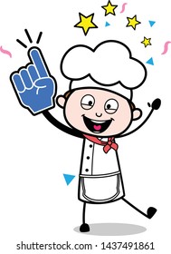 Cheering with Raising Hands - Cartoon Waiter Male Chef Vector Illustration