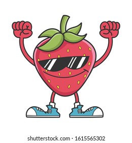 Cheering strawberry character with sunglasses and arms in the air isolated on white background