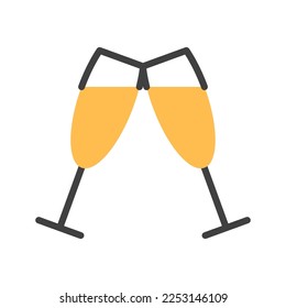 Cheering two Champagne glasses flat line icon isolated on white background. Abstract beverage sign logo bar restaurant design. Alcohol drink cheers symbol. Romantic party abstract vector illustration.