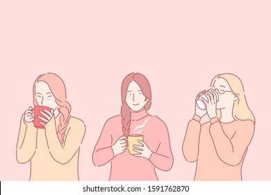 Cheering up, getting warm concept. Winter hot beverage, medicinal drink, cold treatment, young woman with teacup, girl drinking coffee, female teenager keeping warm with tea. Simple flat vector