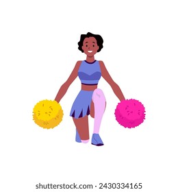 Cheerleader in action. Vector illustration of a happy cheerleader with colorful pom-poms, sporting a blue and purple outfit