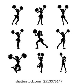 Cheerleader Activity Silhouettes, Vector Illustration of Cheerleading Poses