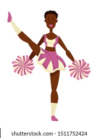 Cheerleader african girl with pompoms in uniform with gaiters isolated female character vector. Split and stretching, cheering up sport team. Dancing and showing tricks, football or basketball game