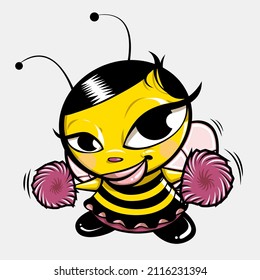 Cheerleader bee shaking the pom pom. Girl bee cheering for her favorite team. Cheerleading illustration concept.
