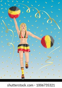 “Belgian Cheerleader of Belgium Fans” Cheerleader girl, confetti papers and background in different layers.