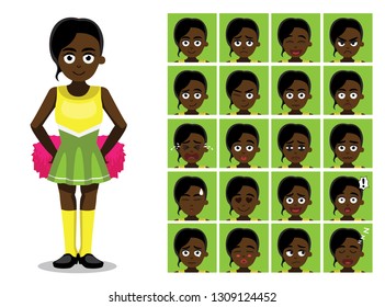 Cheerleader Black Girl Cartoon Character Emotion faces Vector Illustration