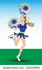 Cheerleader in blue and green colors
