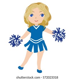 Cheerleader in blue uniform. Cartoon character.