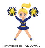 Cheerleader in blue and yellow uniform with Pom Poms. Vector illustration isolated on white background.