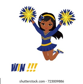 Cheerleader in blue and yellow uniform with Pom Poms. Vector illustration isolated on white background.