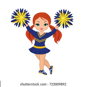 Cheerleader in blue and yellow uniform with Pom Poms. Vector illustration isolated on white background.