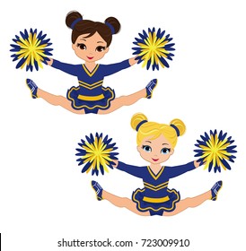 Cheerleader in blue and yellow uniform with Pom Poms. Vector illustration isolated on white background.