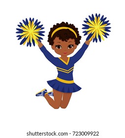 Cheerleader in blue and yellow uniform with Pom Poms. Vector illustration isolated on white background.