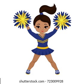 Cheerleader in blue and yellow uniform with Pom Poms. Vector illustration isolated on white background.