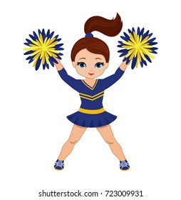 Cheerleader in blue and yellow uniform with Pom Poms. Vector illustration isolated on white background.