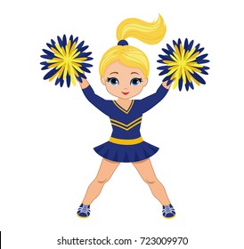 Cheerleader in blue and yellow uniform with Pom Poms. Vector illustration isolated on white background.