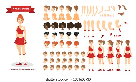 Cheerleader character set for the animation with various views, hairstyle, emotion, pose and gesture. Isolated vector illustration in cartoon style