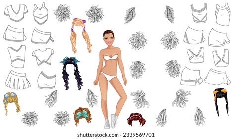 Cheerleader Coloring Page Paper Doll with Cute Cartoon Character, Uniforms and Pom-poms. Vector Illustration