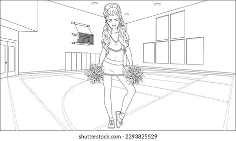 Cheerleader Coloring Page with a School Gym Background. Vector Illustration