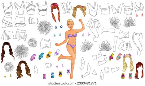 Cheerleader Coloring Paper Puppe mit Outfits, Frisuren, Pompoms und Accessoires. Vektorgrafik