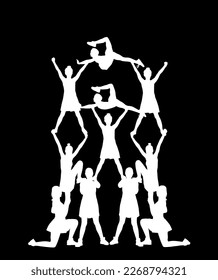 Cheerleader dancer figure vector silhouette illustration isolated on black. Cheer leading girl sport support. High school, collage cheer leading woman. Gymnastic lady pose perform. Energy dance fan.