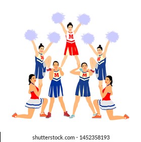 Cheerleader dancers figure vector illustration isolated. Cheer leading girl sport support. High school, college cheer leading formation. Gymnastic legs apart pose perform. Energy dance fan smiling.