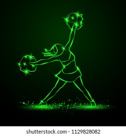 Cheerleader dances with pom poms. Green neon cheerleading illustration for sporting poster event.