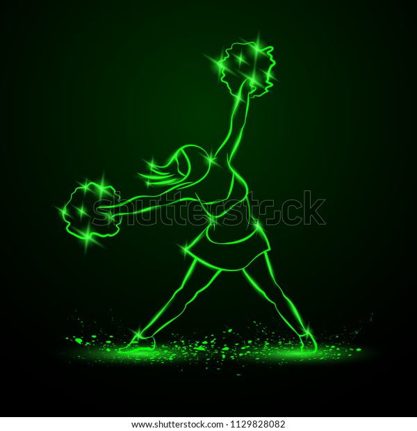 Cheerleader Dances With Pom Poms Green Neon Cheerleading Illustration For Sporting Poster Event