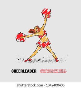 Cheerleader dances with pom poms. Vector outline of sport dance with scribble doodles style drawing.