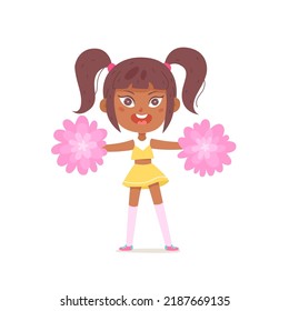 Cheerleader dancing energy dance with pink pom poms vector illustration. Cartoon isolated cute girl dancer in uniform holding pompoms to cheer spirit of football school or college team in competition