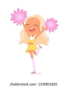 Cheerleader dancing energy dance with pink pom poms vector illustration. Cartoon isolated cute girl dancer in uniform holding pompoms to cheer spirit of football school or college team in competition