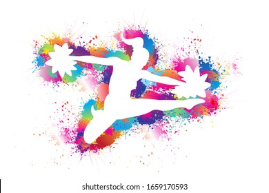 Cheerleader Dancing with Pom Poms Logo Design, Icon or Symbol. Sports Background. Colorful bright ink splashes. White silhouette of girl leading. Exercise, Healthcare, Vector illustration.