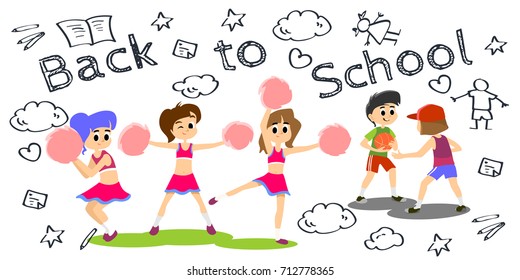 cheerleader dancing in uniform with pom poms, teenager girl school team concept, elementary and high sport activity vector illustration