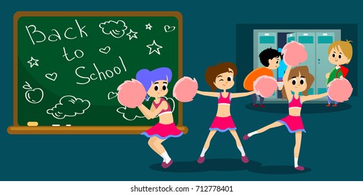 cheerleader dancing in uniform with pom poms, teenager girl team concept, elementary and high school sport activity vector illustration