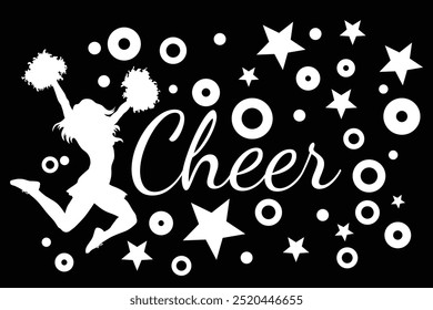 Cheerleader Design in White is an illustration of a cheerleader surrounded by high spirited graphic elements and text saying Cheer.  This design is great for advertising and promotion such as t-shirts