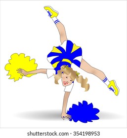 Cheerleader doing a cartwheel while happily yelling a cheer and shaking pom pom