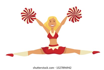 Cheerleader doing splits. Young blond girl with pompoms in red and cream uniform, cheering for team. Encouraging, cheerleading activity at college sport event. Vector illustration on white background.