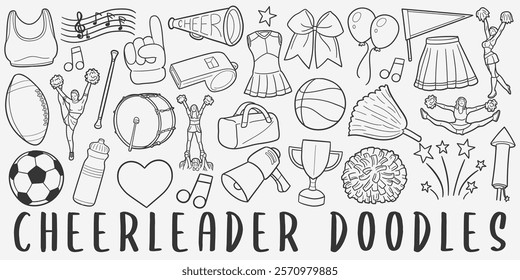 Cheerleader Doodle Icons. Hand Made Line Art. Cheers Clipart Logotype Symbol Design.