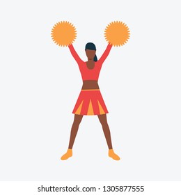 Cheerleader flat icon. Dark skinned girl, student, pompom. Sport concept. Can be used for topics like competition, play, cheerleading