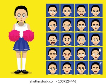 Cheerleader Girl Cartoon Character Emotion faces Vector Illustration