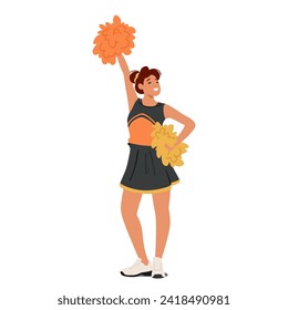 Cheerleader Girl Character In Vibrant Colors, Twirling Pompoms With Infectious Enthusiasm. Radiates Spirit, Captivating Crowd With Dynamic Moves And Megawatt Smile. Cartoon People Vector Illustration