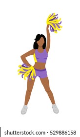 Cheerleader girl. Cheerleading pompoms. Dancing to support football team during competition. Violet and yellow cheerleader uniform. High school cheerleading costume. Figure of young girl. Vector