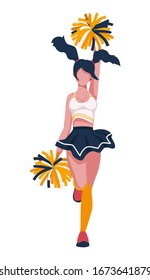 Cheerleader girl in colorful shape jumps with a white background.